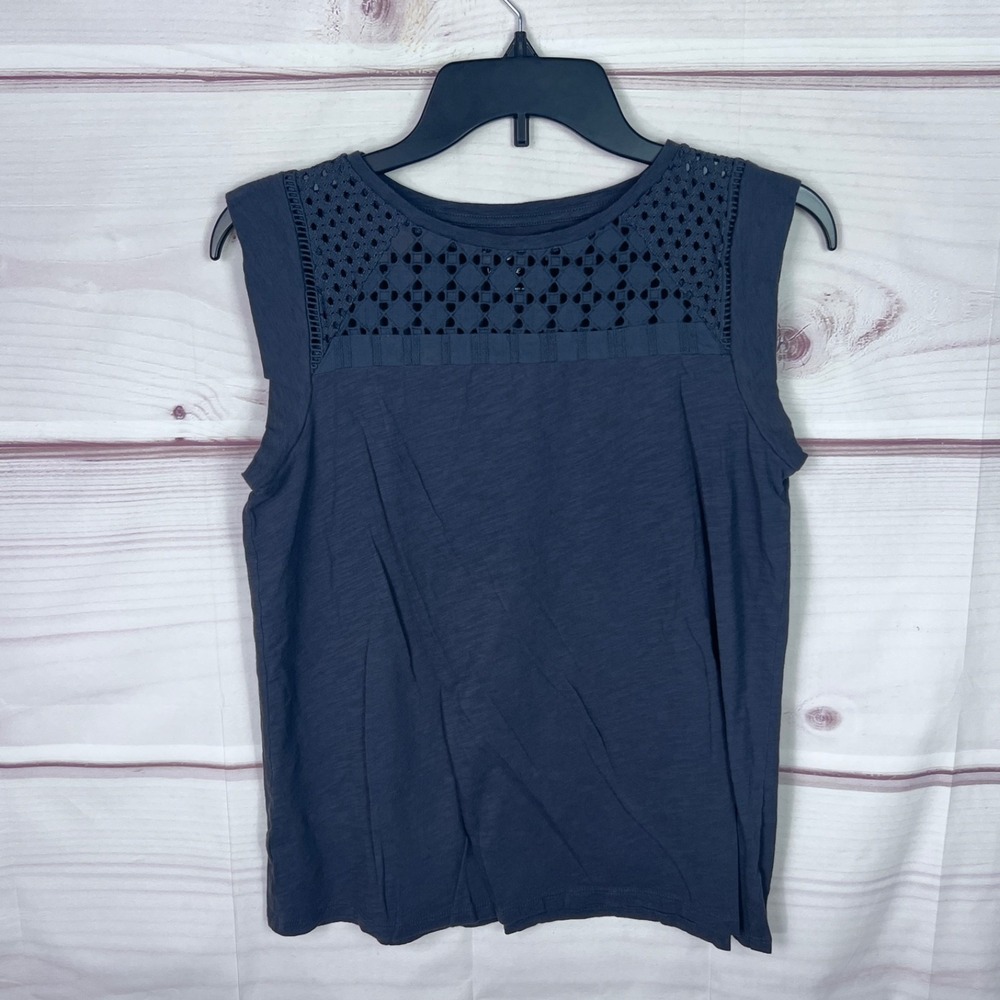 LOFT Top Womens Small Gray Vintage Soft Tank Crochet Solid Cotton Knit Pullover